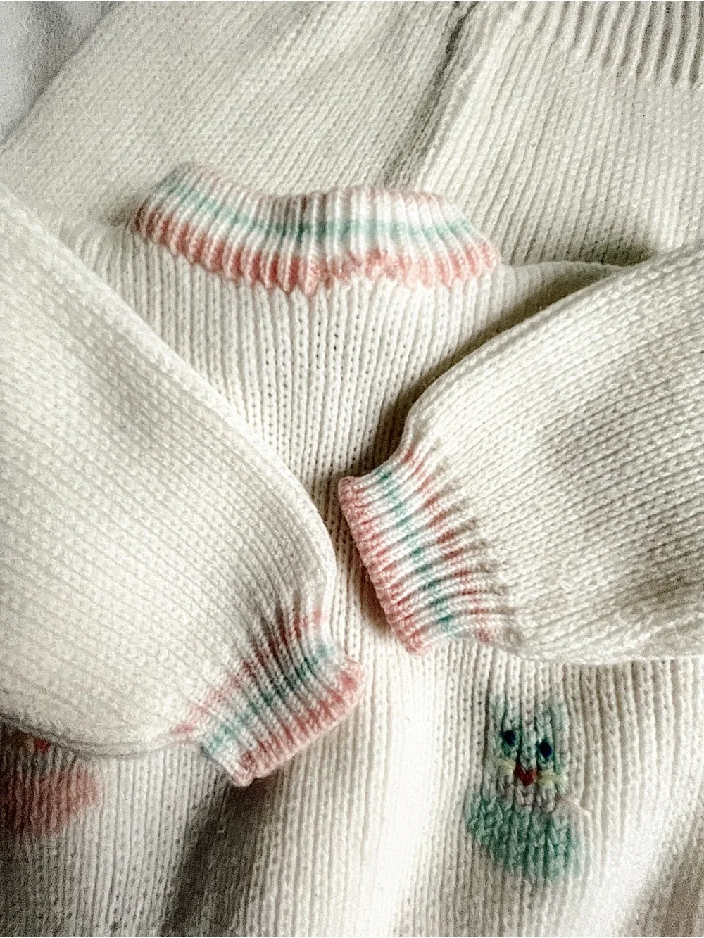 VINTAGE 80s Outfit Set Sweater Shirt Pants Footies Long Knit Bunny Pink Blue
